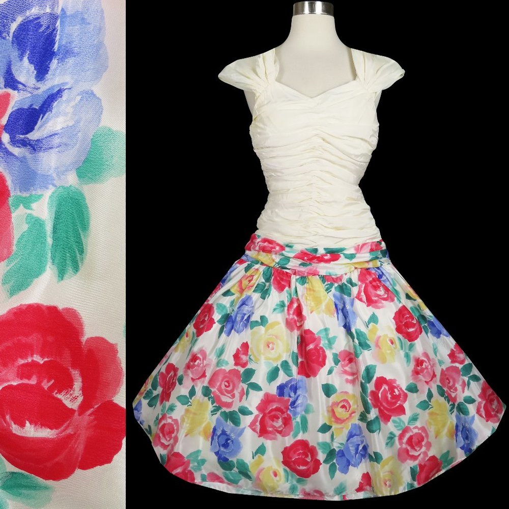 Vintage 80s Floral Taffeta Rose Print Big Bow Full Skirt Prom Party Dress XXS XS